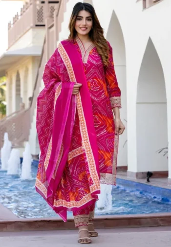 Bandhej Printed Pure Cotton Pakistani Suit in Fuchsia