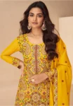 Embroidered Chinon Silk Scalloped Suit in Mustard