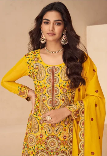 Embroidered Chinon Silk Scalloped Suit in Mustard