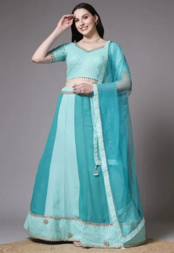 Embroidered Georgette Lehenga in Green